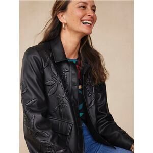 Chicos Womens Black Cutwork Faux Leather Jacket Size 8 Chicos 1 New Long Sleeve